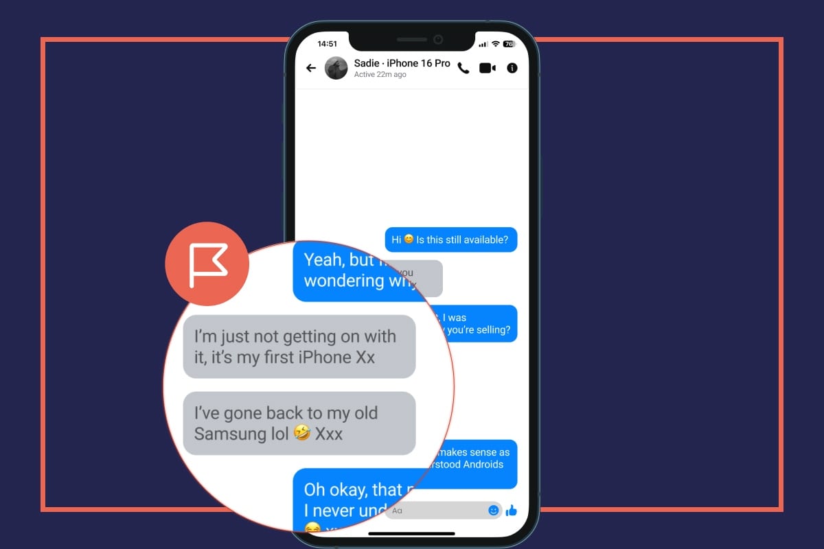 A smartphone displaying a text conversation. A red flag highlights a very friendly message.