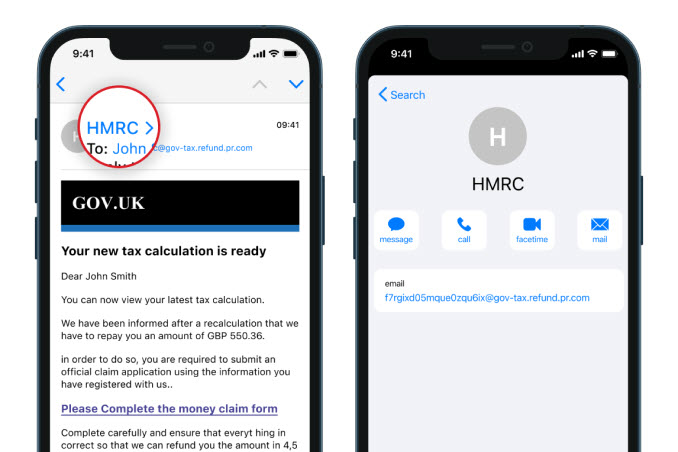 Two smart phones displaying an email and contact card that appear to be from HMRC. The email has HMRC circled in red and the contact card shows a suspicious email address.