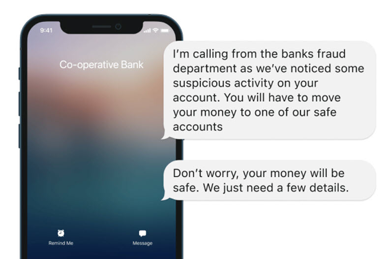 A smart phone displays a call from what looks like The Co-operative Bank. A speech bubble to the side of the smart phone shows a conversation which encourages the user to move their money into a safe account.