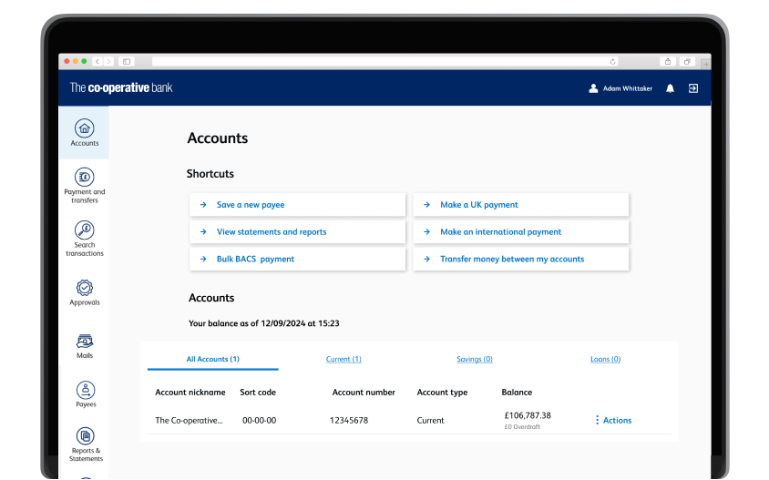 A screenshot of the Financial Director Online accounts page, showing links to actions such as make a UK payment. It lists the user’s accounts with details such as account type. It shows a vertical menu of links to other pages such as search transactions.